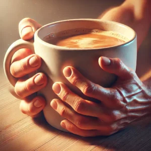 weak hands struggling to lift a giant coffee mug